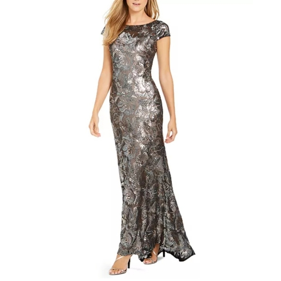Calvin Klein Cap-Sleeve Sequined Gown Train Maxi Silver Open Back Boat Size 4 - Picture 2 of 9